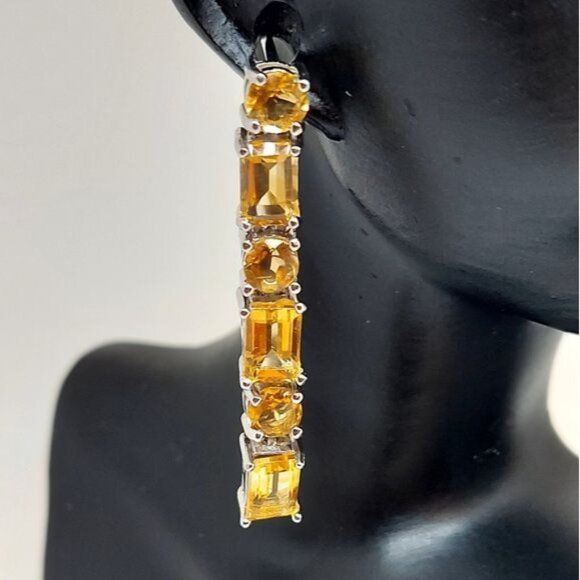 Natural Octagon‎ 6x4 Citrine 14K White Gold on 925 Sterling Silver Earrings - Picture 1 of 5